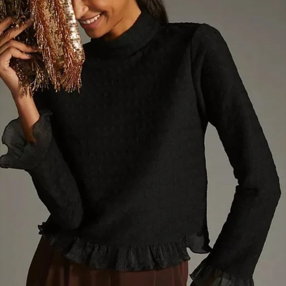 Anthropologie Tassel Ruffled Blouse Pullover-Black- Small